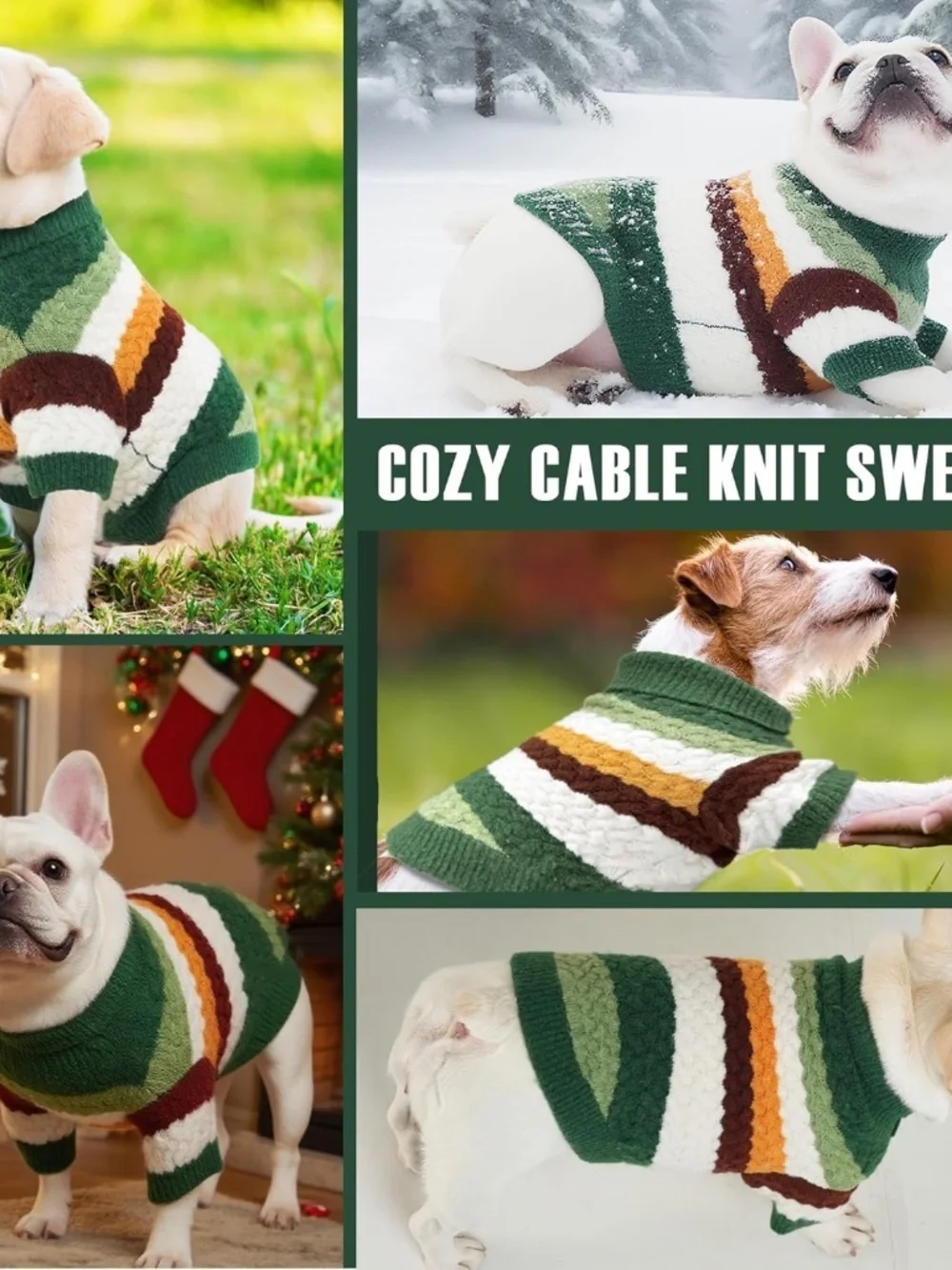 Green Striped Knit Dog Sweater Turtleneck Winter Pet Pullover Medium